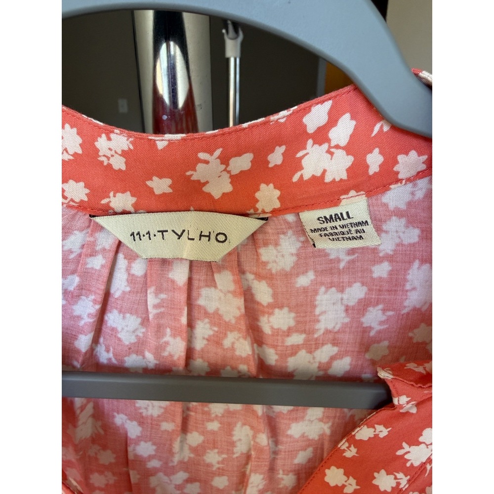 11.1 TYLHA Anthopologie Coral Floral Border Print Split V-Neck Blouse Top Size S - Picture 3 of 8